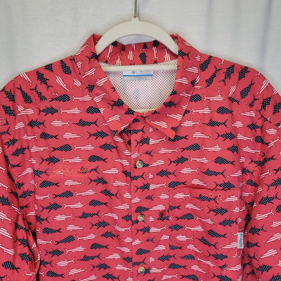 Columbia Pfg Men's Large Button Front Shirt Red Budweiser Fish Print - Picture 3 of 8